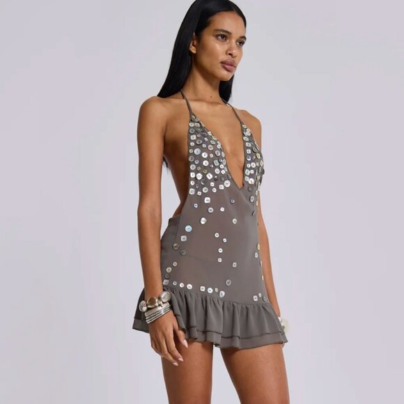 NEW Jaded London Layered Button Me Up Mini Dress in Grey Sheer 4 Small